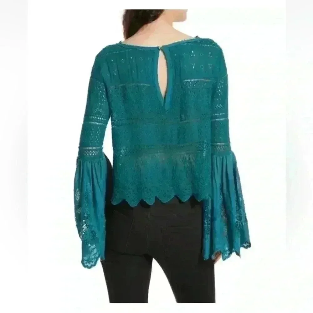 FREE PEOPLE Turquoise Once Upon a Time Linen Blend Knit Bell Sleeve Top Small